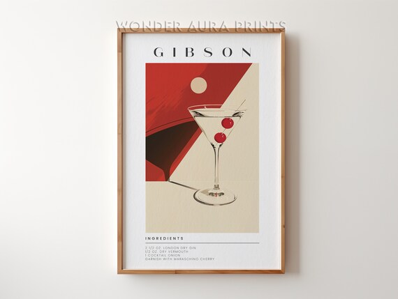 Gibson Cocktail Martini Recipe Vintage Bar Drink Poster Home Decor