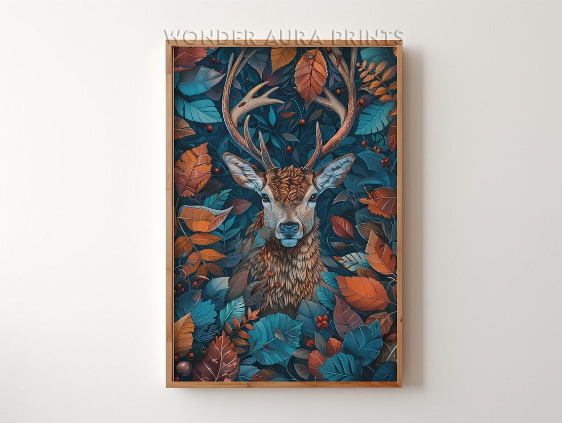 Deer With Antlers Among Autumn Leaves Maximalist Botanical Art Poster