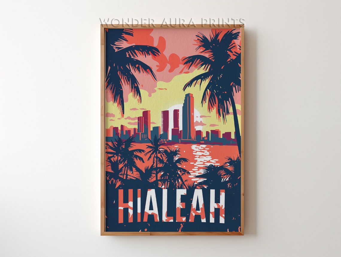 Hialeah Florida Retro Sunset Skyline Palm Trees Vintage City Poster