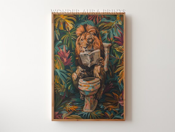 Funny Bathroom Art Lion Sitting On Toilet Maximalist Decor Dopamine Jungle Wall Wonder Aura Prints