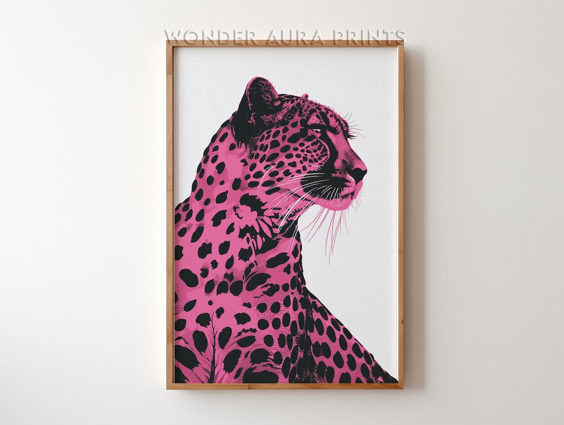 Preppy Pink Leopard On White Print Maximalist Wall Decor Dopamine Jungle Wonder Aura Prints