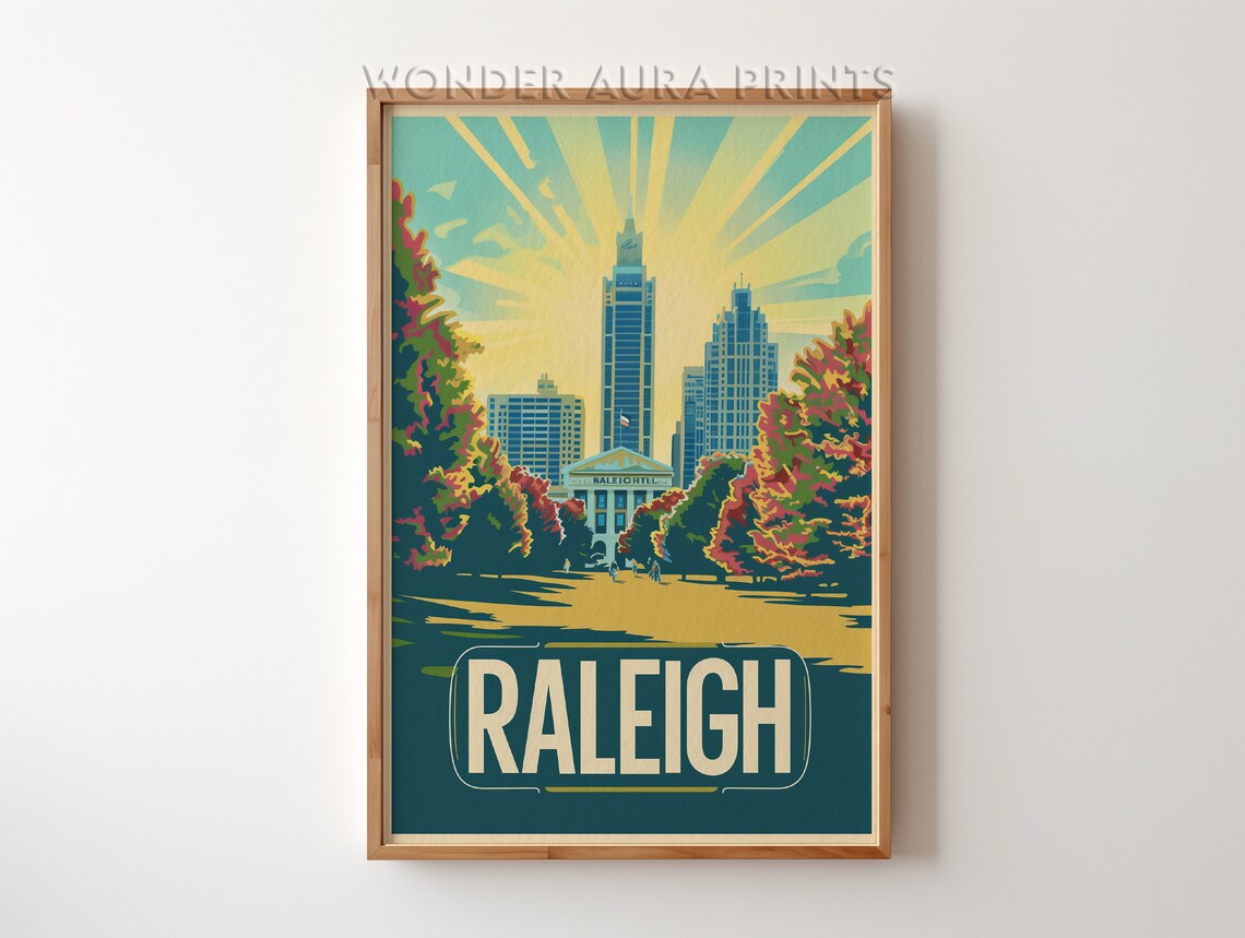 Raleigh North Carolina Retro City Skyline Golden Travel Poster