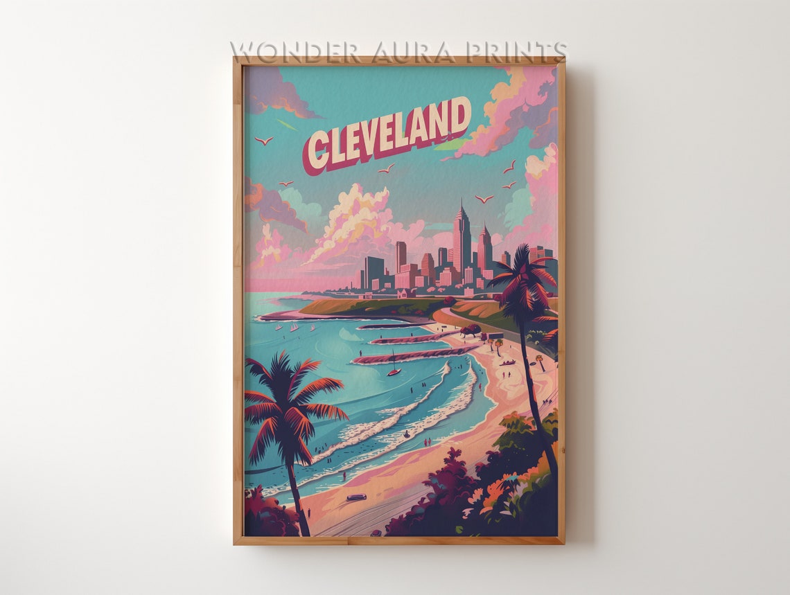 Cleveland Retro Beach Boardwalk Skyline Sunset Travel Poster