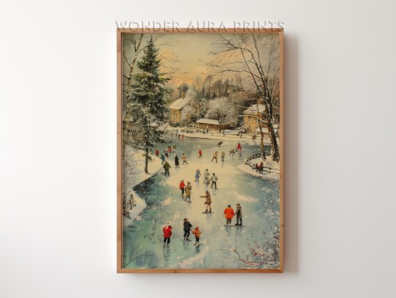 Vintage Christmas Village Pond Ice Skating Winter Holiday Print