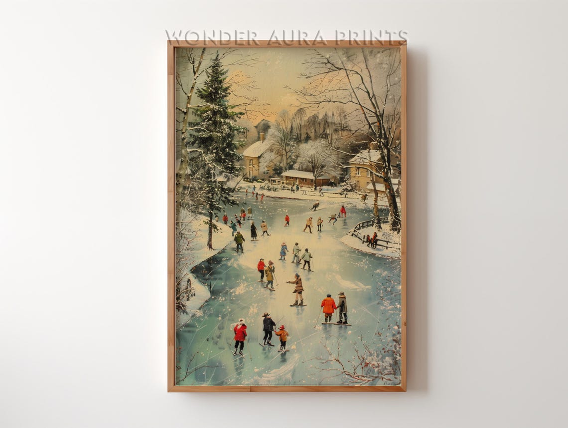 Vintage Christmas Village Pond Ice Skating Winter Holiday Print