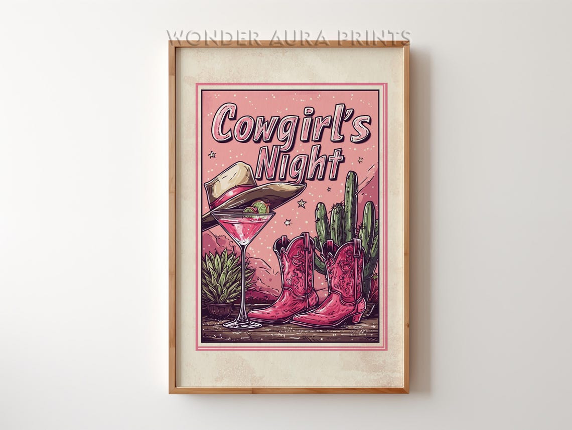 Cowgirls Night Pink Cocktail Boots Western Party Wall Decor Poster