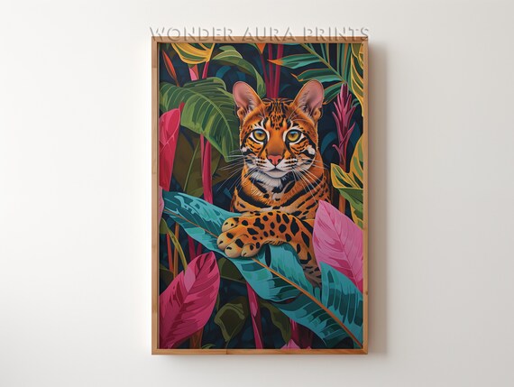 Ocelot Wild Cat Portrait in Vibrant Tropical Jungle Leaves Poster