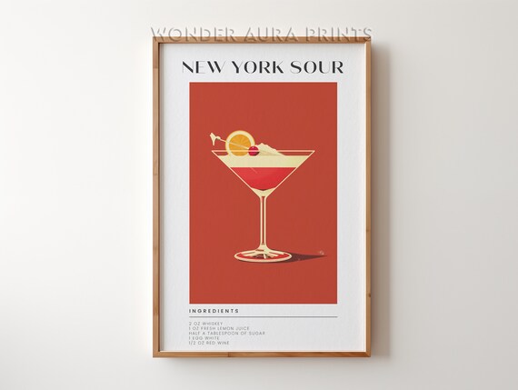New York Sour Cocktail Recipe Minimalist Red Bar Cart Poster