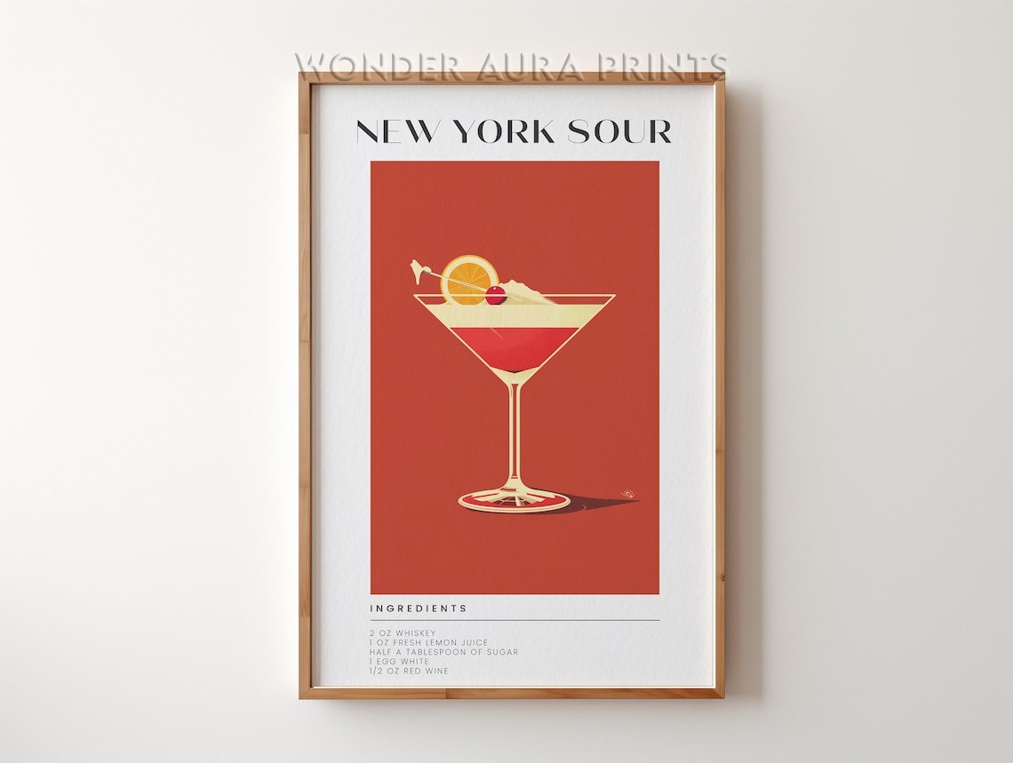 New York Sour Cocktail Recipe Minimalist Red Bar Cart Poster