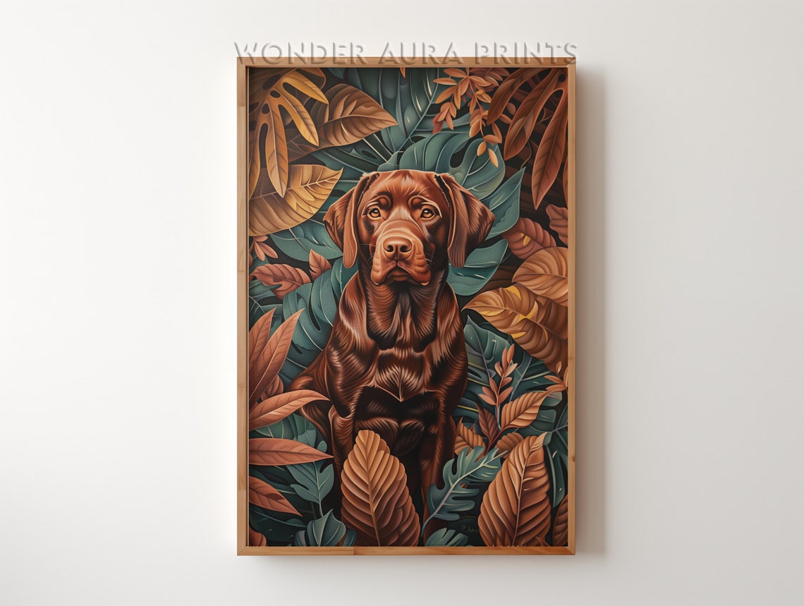 Chocolate Labrador Portrait in Autumn Jungle Leaves Art Poster