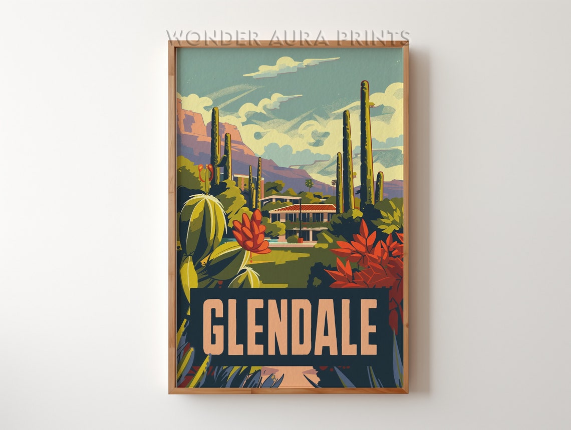 Glendale Arizona Desert Cacti Mission Lodge Retro Travel Poster