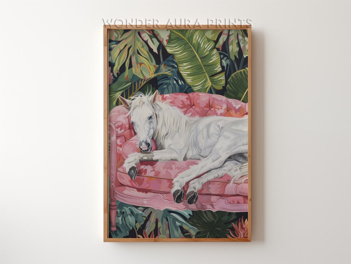 Sleeping White Horse On Pink Sofa Tropical Maximalist Wall Art