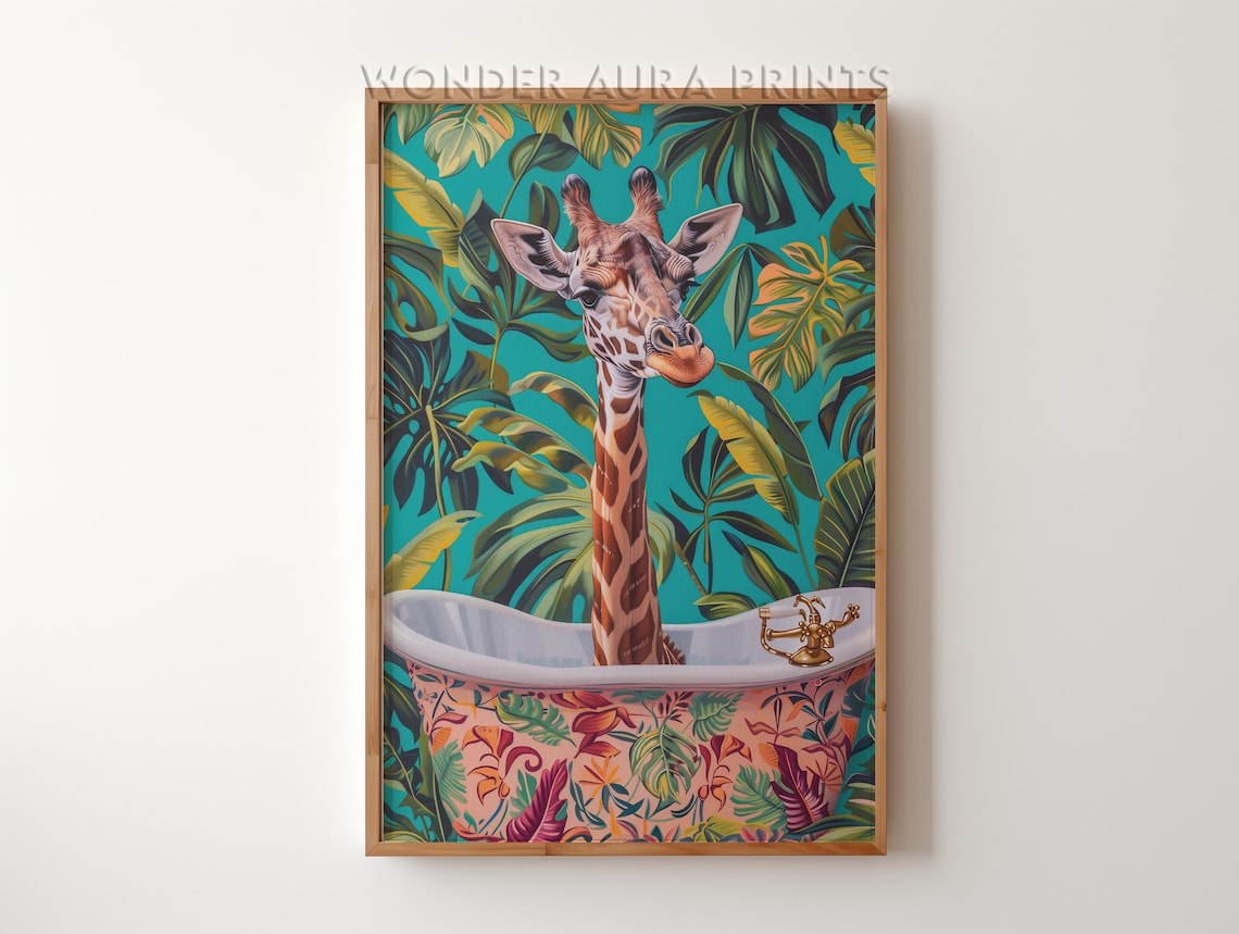 Giraffe In Vintage Bathtub Tropical Teal Wallpaper Bathroom Art Poster