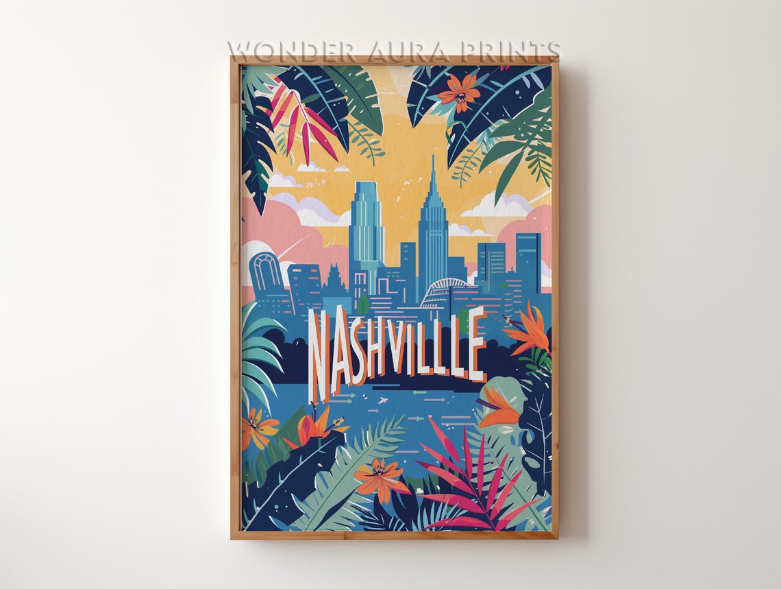 Nashville Tennessee Skyline Tropical Leaves Sunset Glow Poster
