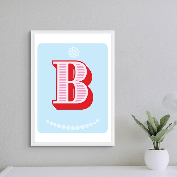Letter B Nursery Poster Pink Red Alphabet Art Cute Baby Room Decor