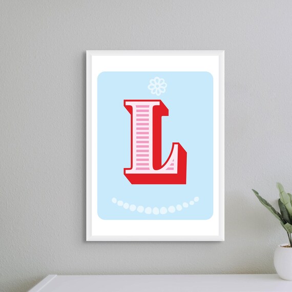 Letter L Initial Baby Nursery Red Pink Striped Retro Typography Poster