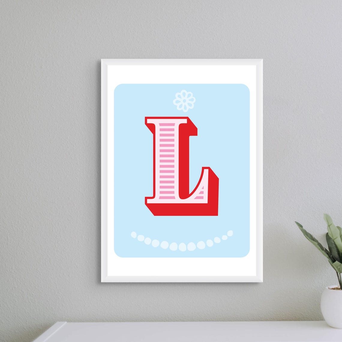 Letter L Initial Baby Nursery Red Pink Striped Retro Typography Poster
