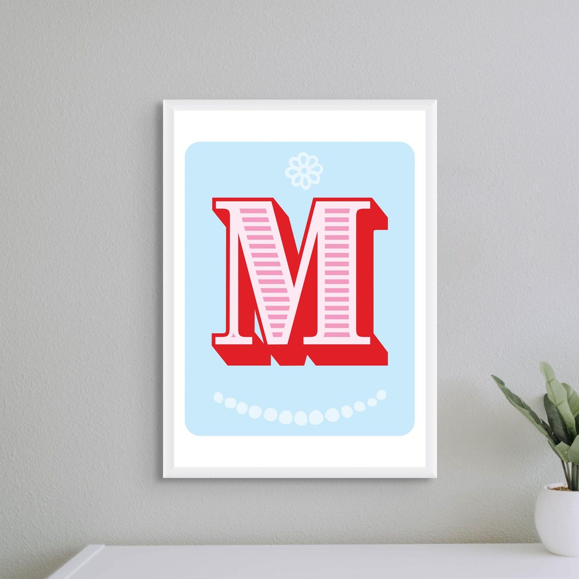 Letter M Initial Baby Nursery Red Pink Striped Retro Typography Poster