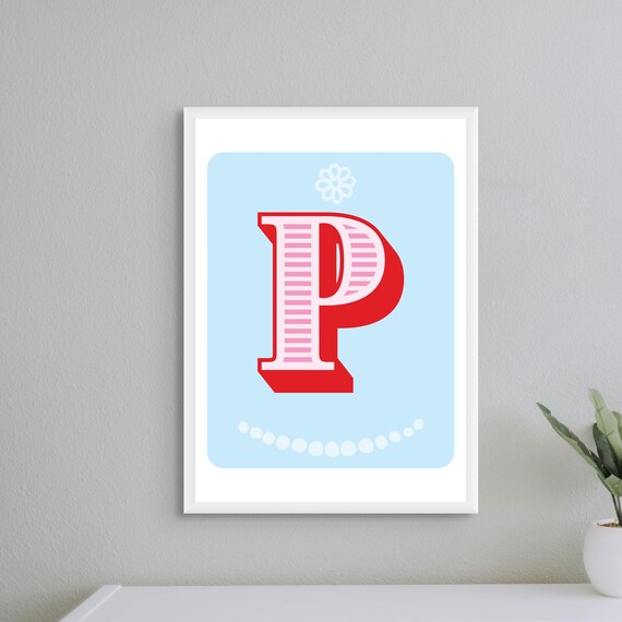 Letter P Initial Baby Nursery Red Pink Striped Retro Typography Poster