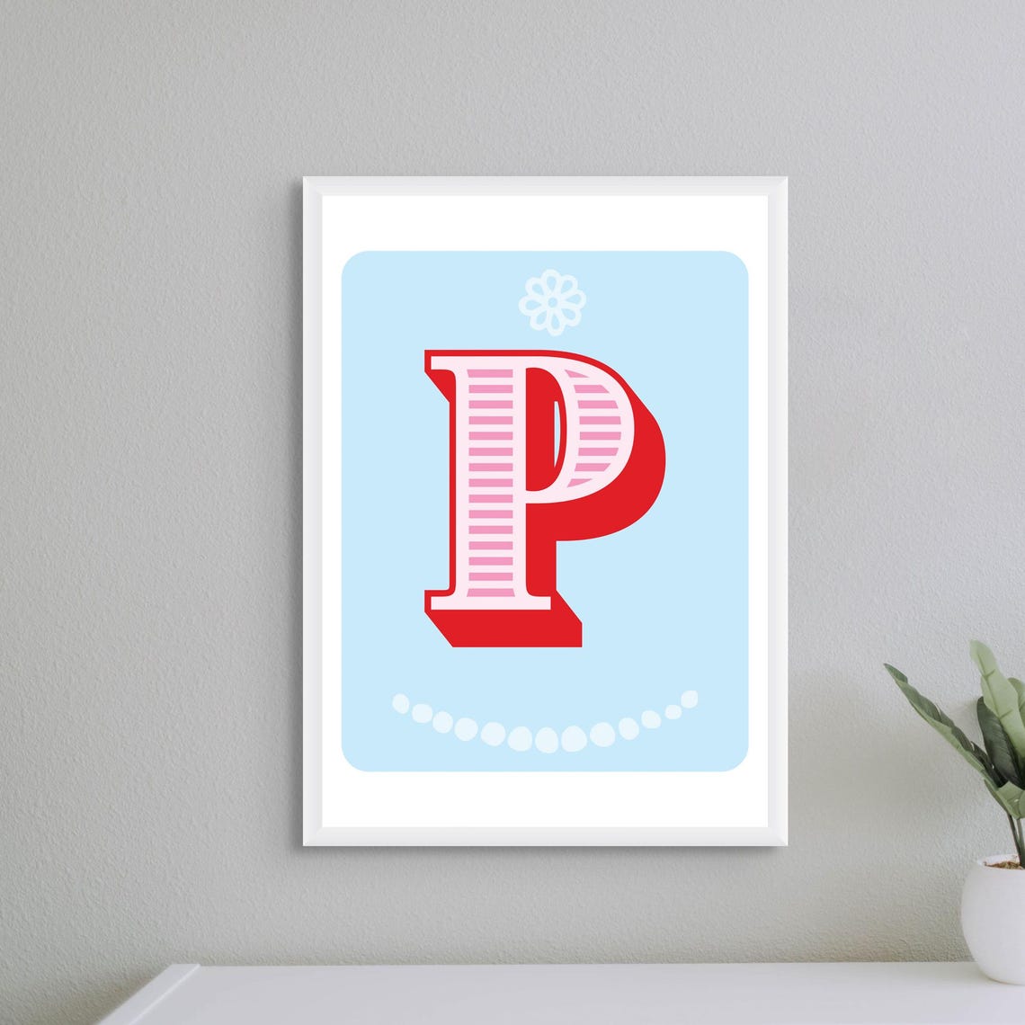 Letter P Initial Baby Nursery Red Pink Striped Retro Typography Poster