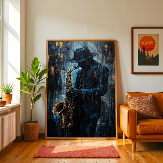 Moody Saxophonist in Blue and Gold Rainy Jazz Musician Poster