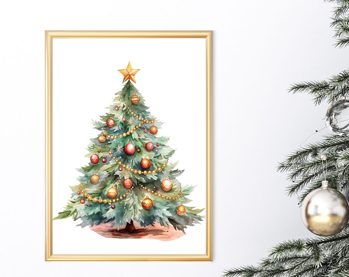 Watercolor Green Christmas Tree Gold Star Ornaments Holiday Poster