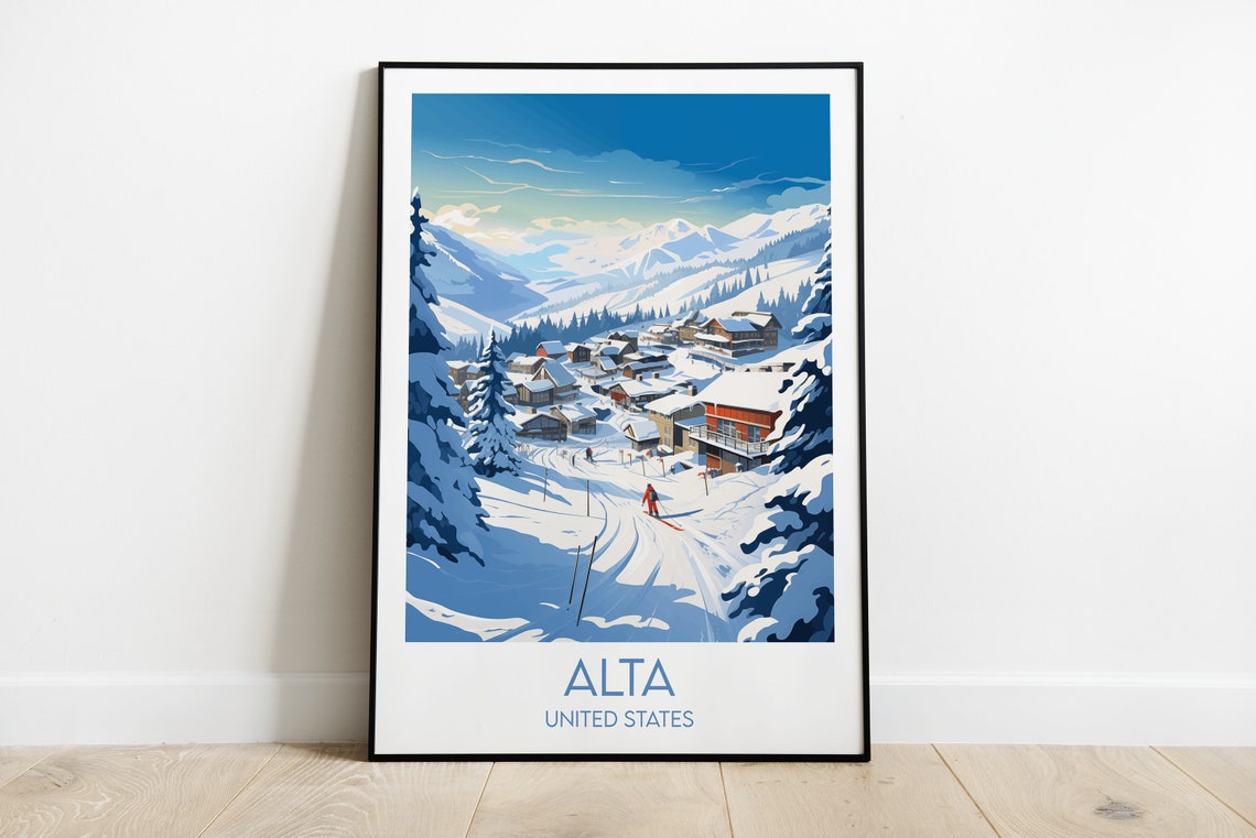 Alta Ski Resort Snowy Village Vintage American Winter Travel Poster