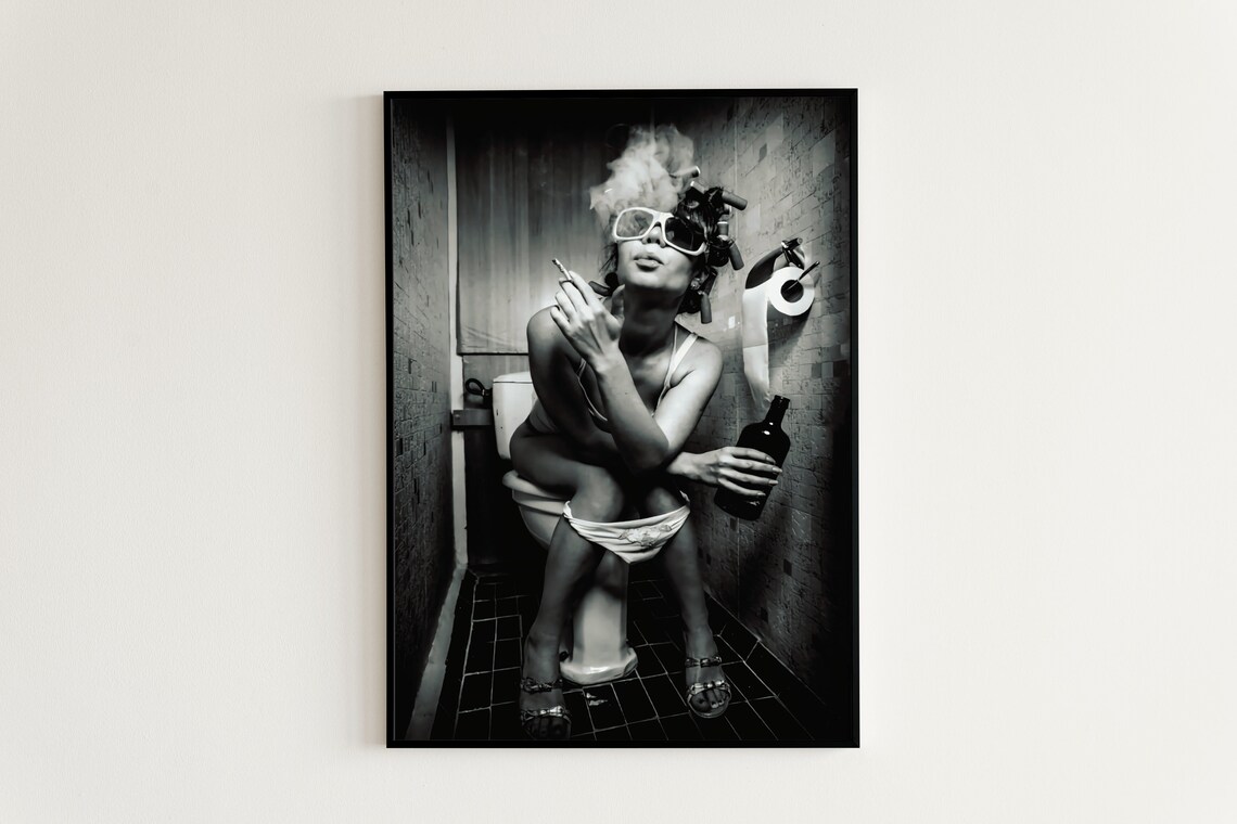 Edgy Black White Photo Woman Smoking on Toilet Bathroom Poster - Image 2
