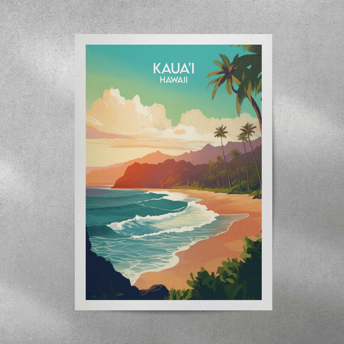 Kauai Hawaii Tropical Beach Sunset Retro Vintage Travel Poster - Image 2
