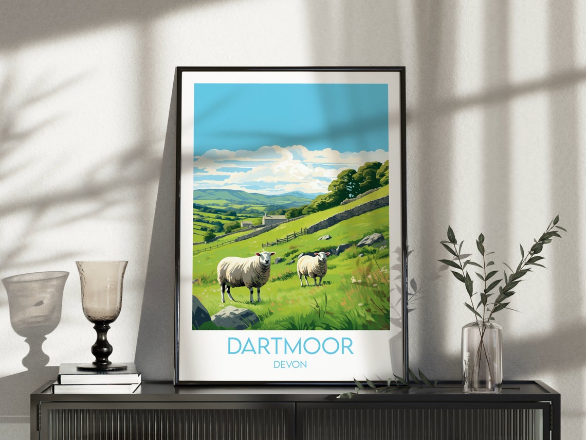 Dartmoor Devon Two Sheep Rolling Hills Vintage Travel Poster - Image 3