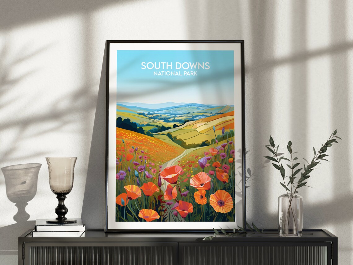 South Downs National Park England Poppy Field Hills Vintage Travel Print - Image 5