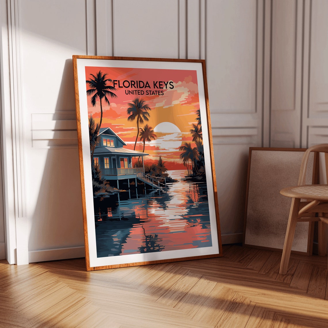Florida Keys Sunset Stilt House Palm Trees Over Water Travel Poster - Image 2