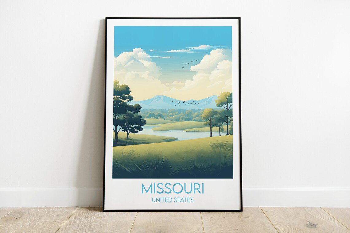 Missouri Rolling Hills Lake Morning Heartland Vintage Travel Poster