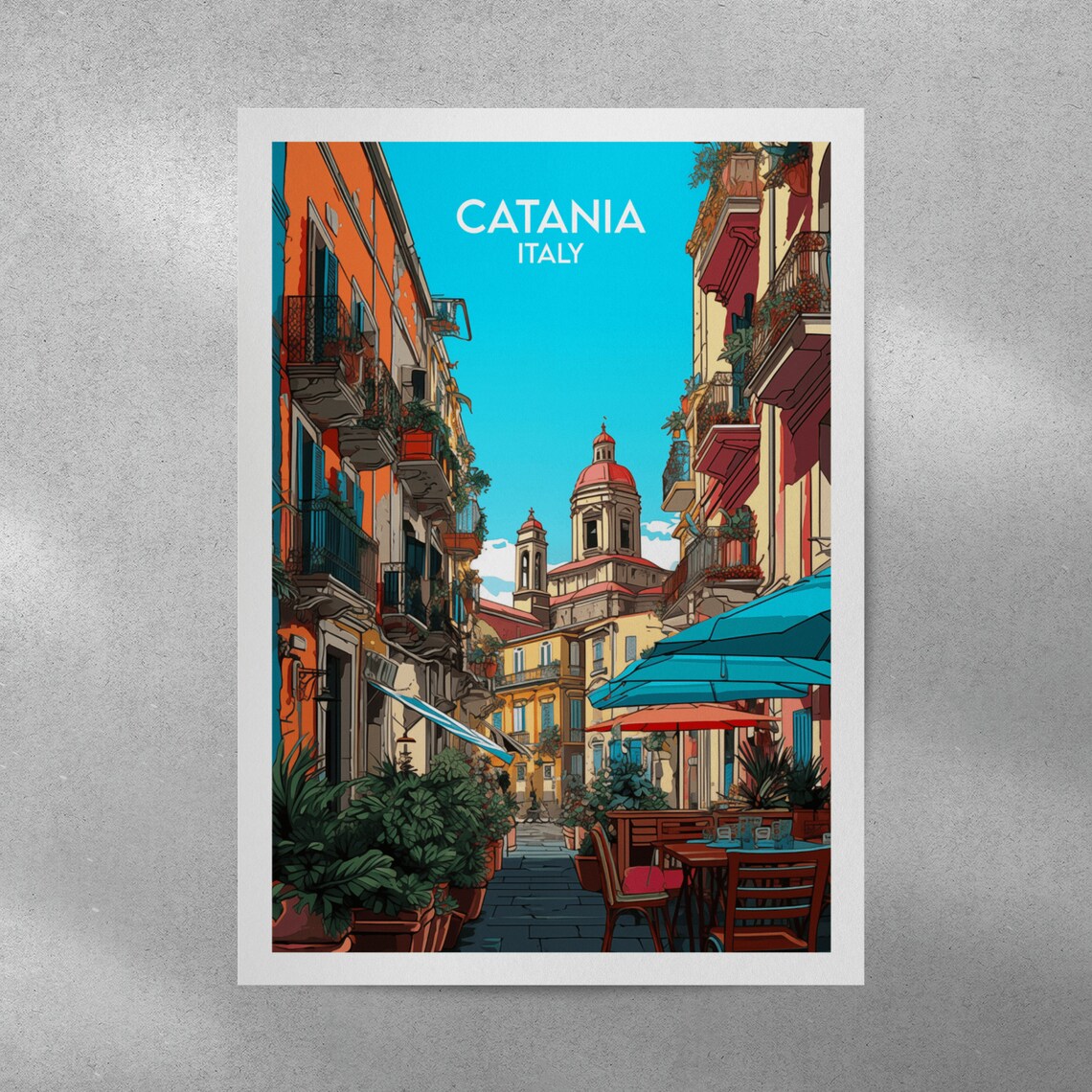 Catania Italy Sicilian Street Cafe Church Dome Vintage Travel Poster - Image 3
