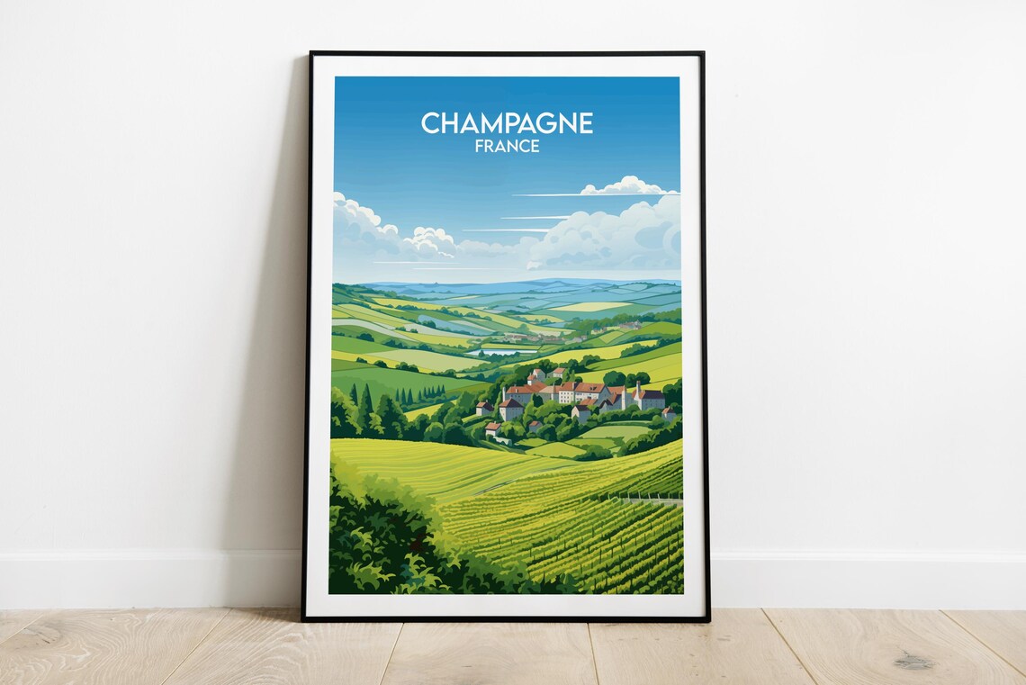 Champagne France Green Rolling Vineyards Vintage Travel Poster