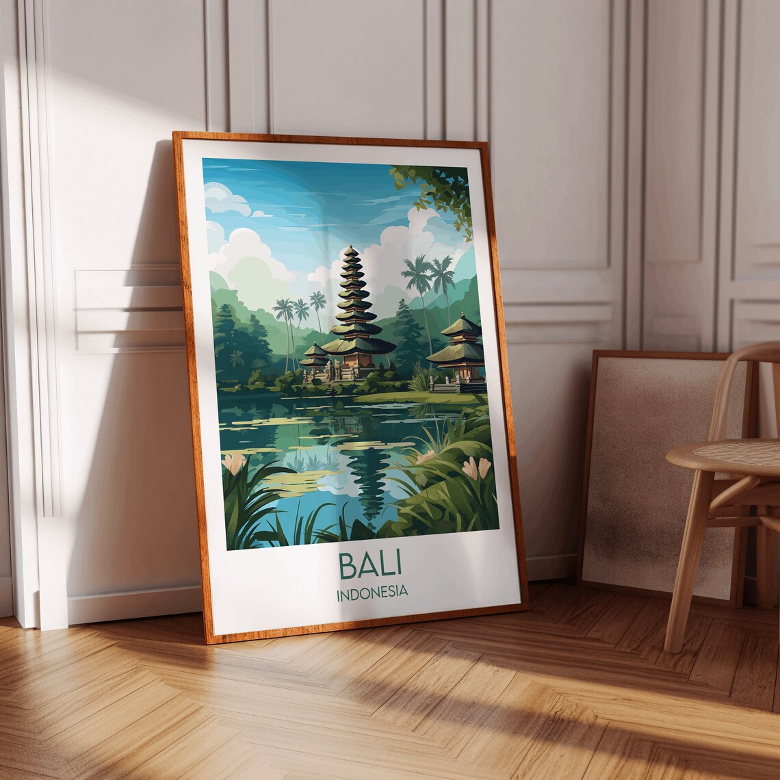 Bali Indonesia Lake Temple with Palms Serene Retro Travel Poster - Image 2