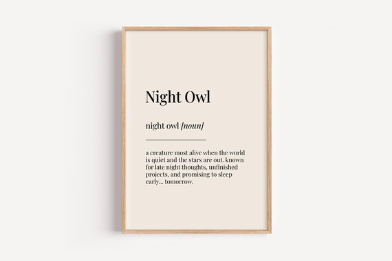 Night Owl Definition Print Dictionary Poster Home Office Wall Art Funny Gift For Him Her