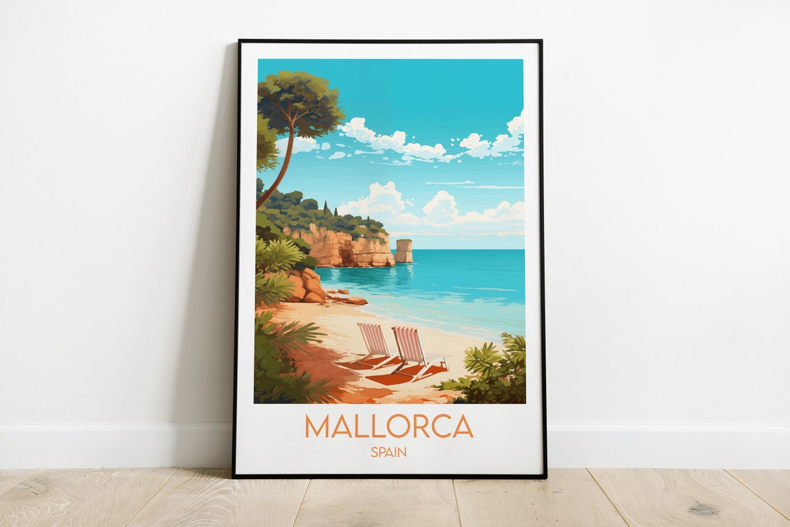 Mallorca Spain Sunlit Beach Deck Chairs Seaside Travel Art Poster