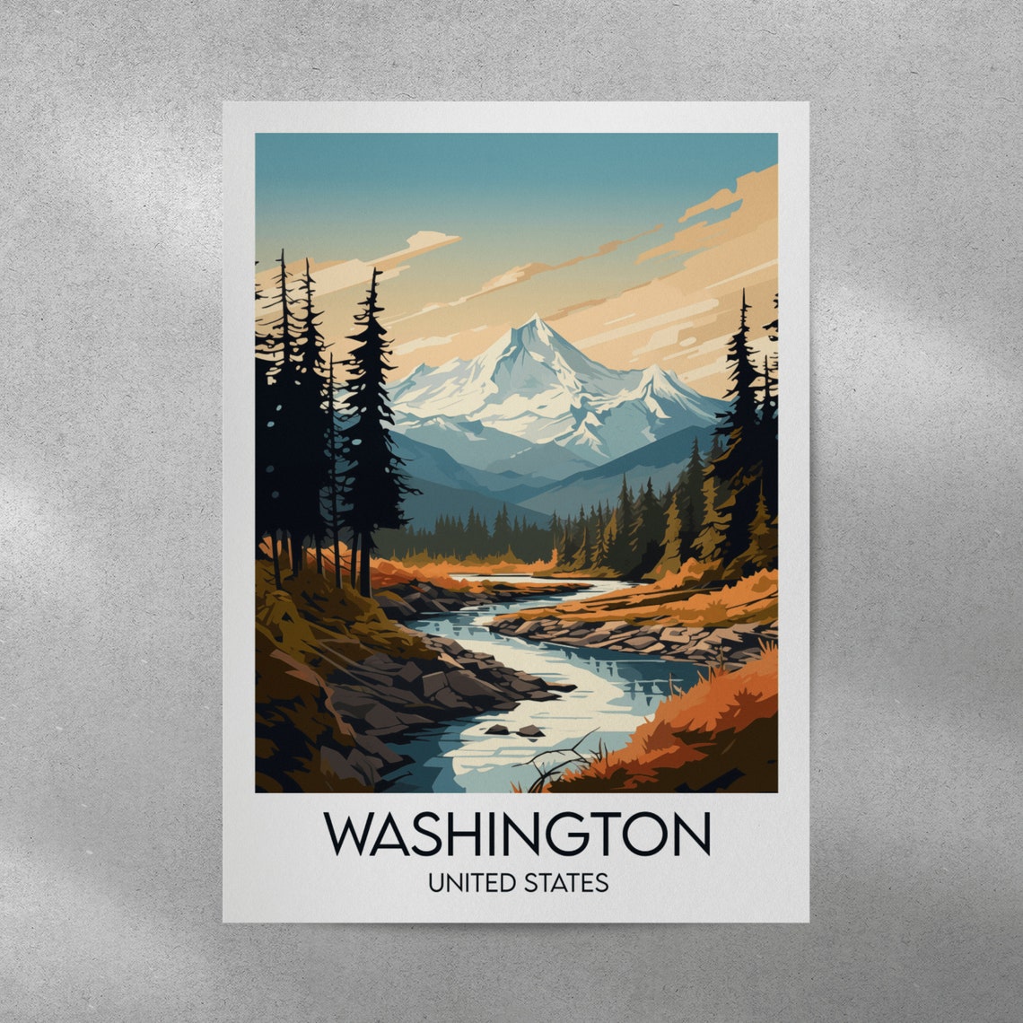 Washington USA Snow Capped Mountain River Pine Forest Travel Poster - Image 4