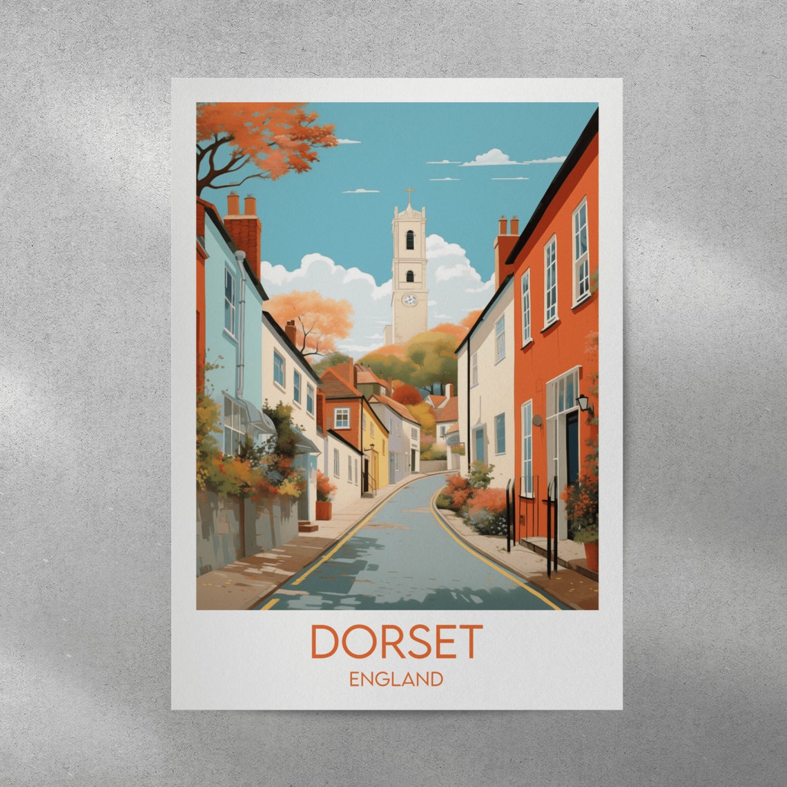 Dorset England Old Town Lane Church Spire Charming Travel Poster - Image 3