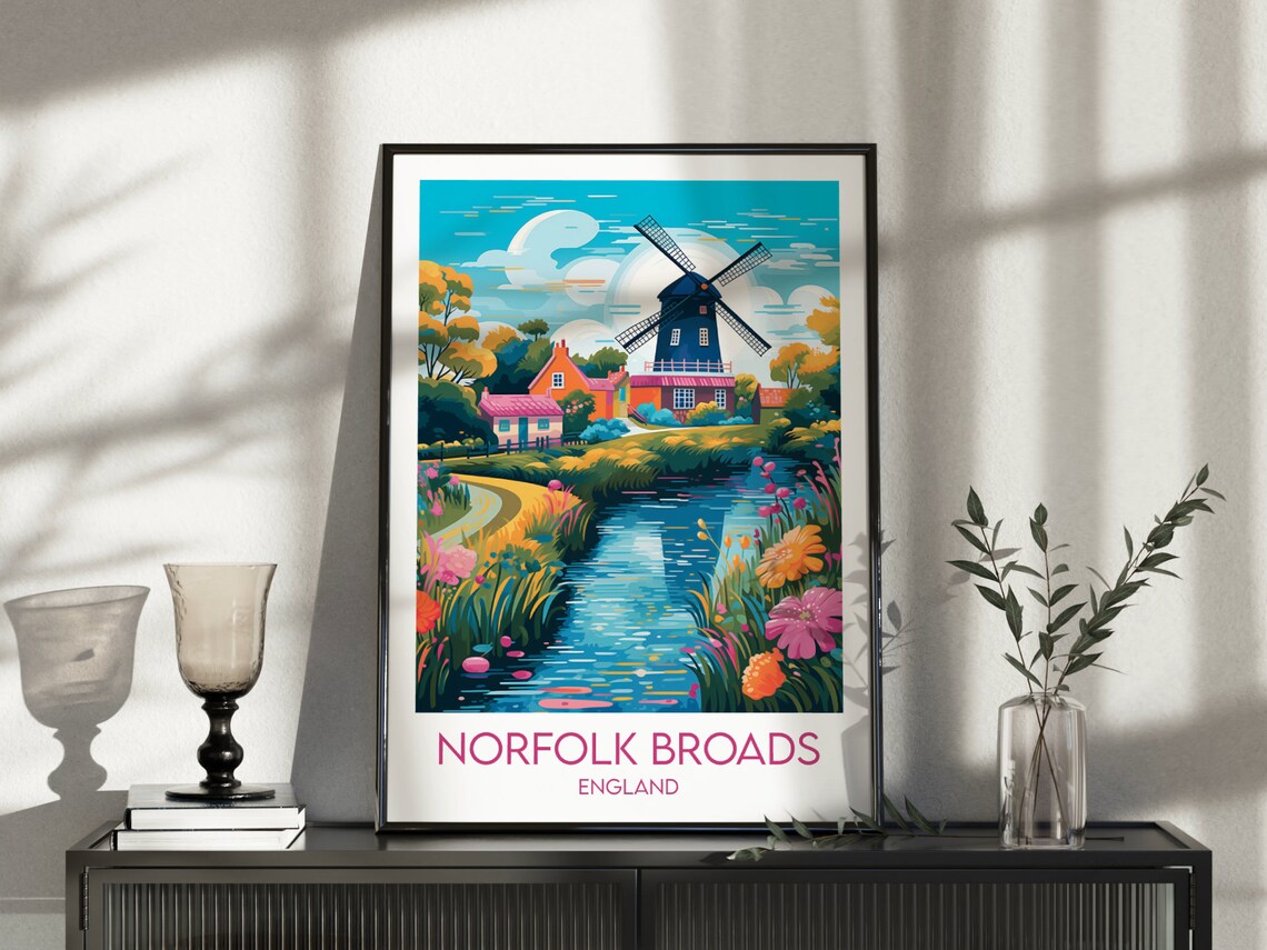 Norfolk Broads England Windmill River Wildflowers Travel Art Poster - Image 5