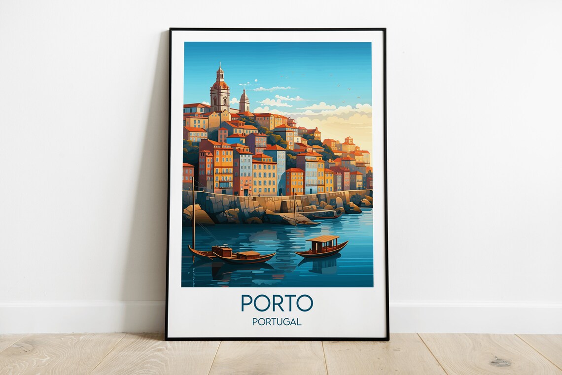 Porto Portugal Riverside Colorful Houses Illustrated Travel Poster