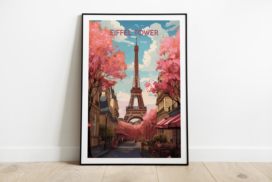 Eiffel Tower Paris Pink Cherry Blossom Street Cafe Spring Poster