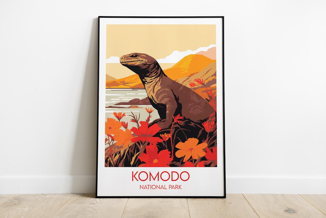 Komodo National Park Dragon Red Flowers Wildlife Travel Poster