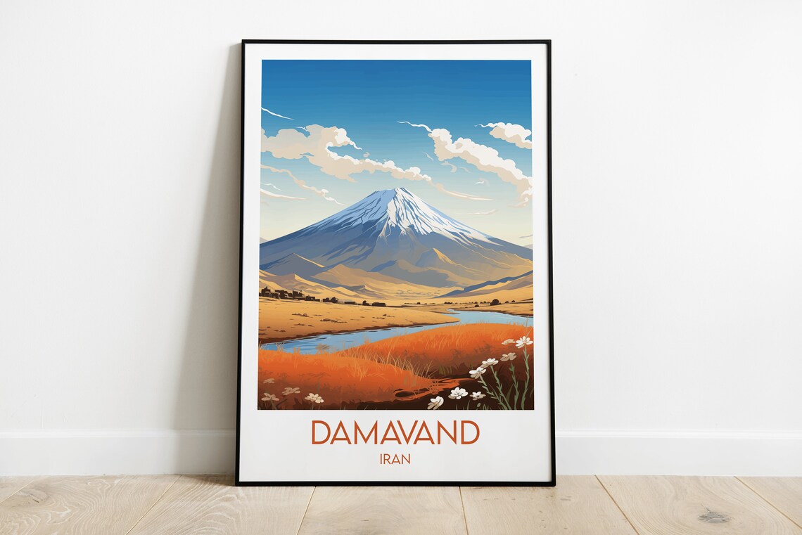 Damavand Iran Volcano Summit Wildflower Field Scenic Travel Poster