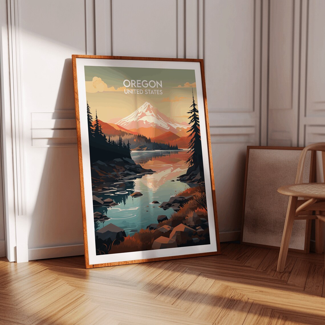 Oregon United States Vintage Mountain Lake Sunset Travel Poster - Image 3