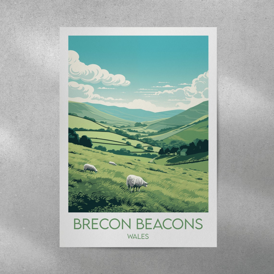 Brecon Beacons Wales Grazing Sheep Rolling Green Hills Travel Poster - Image 2