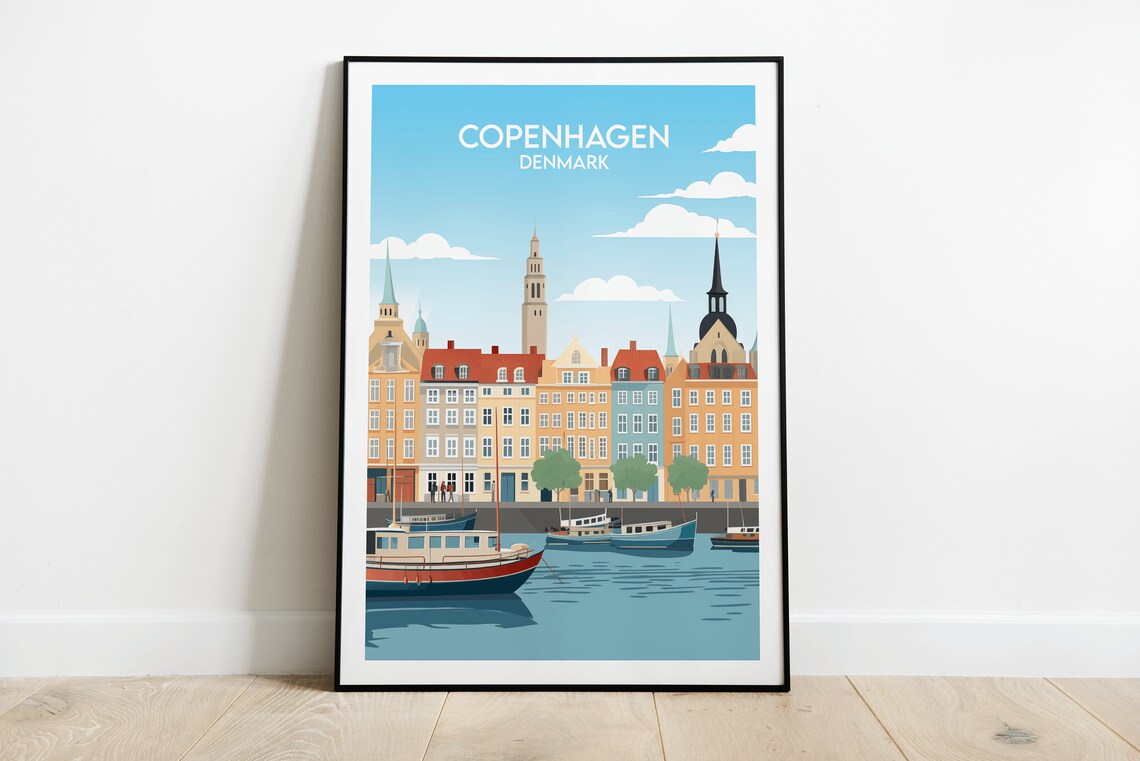Copenhagen Denmark Harbor Boats Colorful Buildings Travel Poster