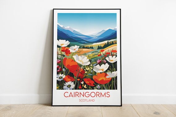 Cairngorms Scotland Wildflower Peaks Meadow Colorful Vintage Travel Poster