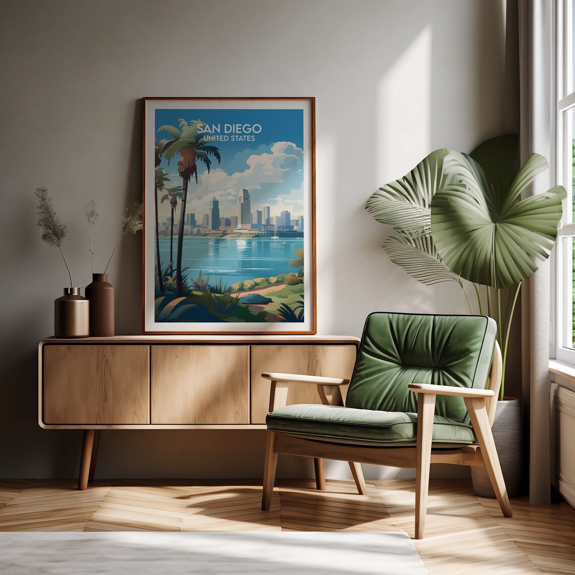 San Diego United States Skyline Bay Palm Trees Vintage Travel Poster - Image 3